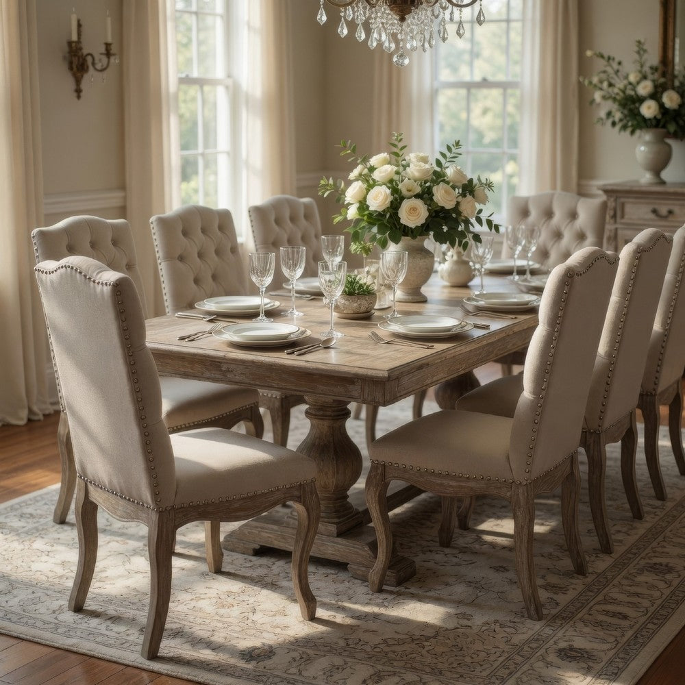 Cen Dining Side Chair Set of 2, Beige Tufted Back, Gray Wood Legs