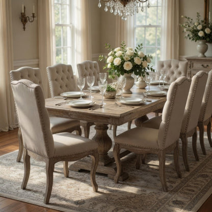 Cen Dining Side Chair Set of 2, Beige Tufted Back, Gray Wood Legs
