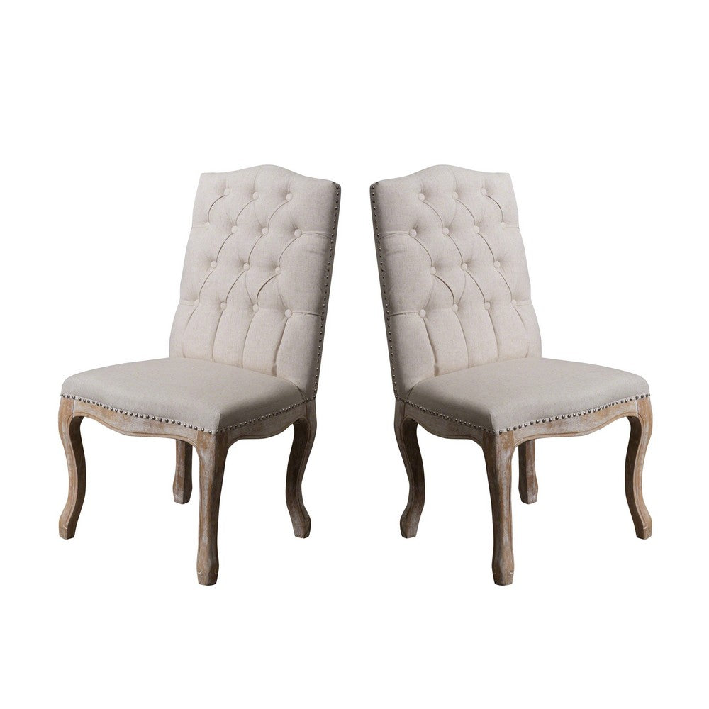 Cen Dining Side Chair Set of 2, Beige Tufted Back, Gray Wood Legs