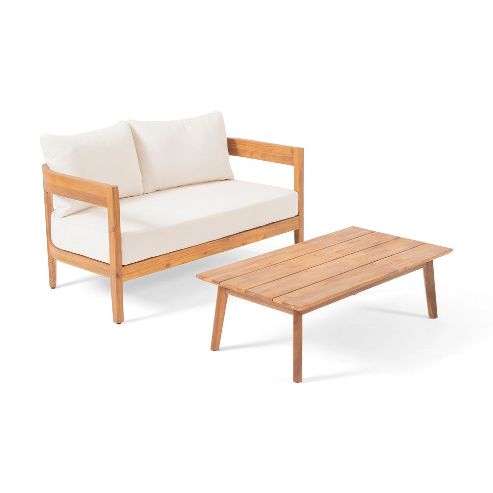 Loveseat and Coffee Table Outdoor Set, Slatted Brown Acacia Wood