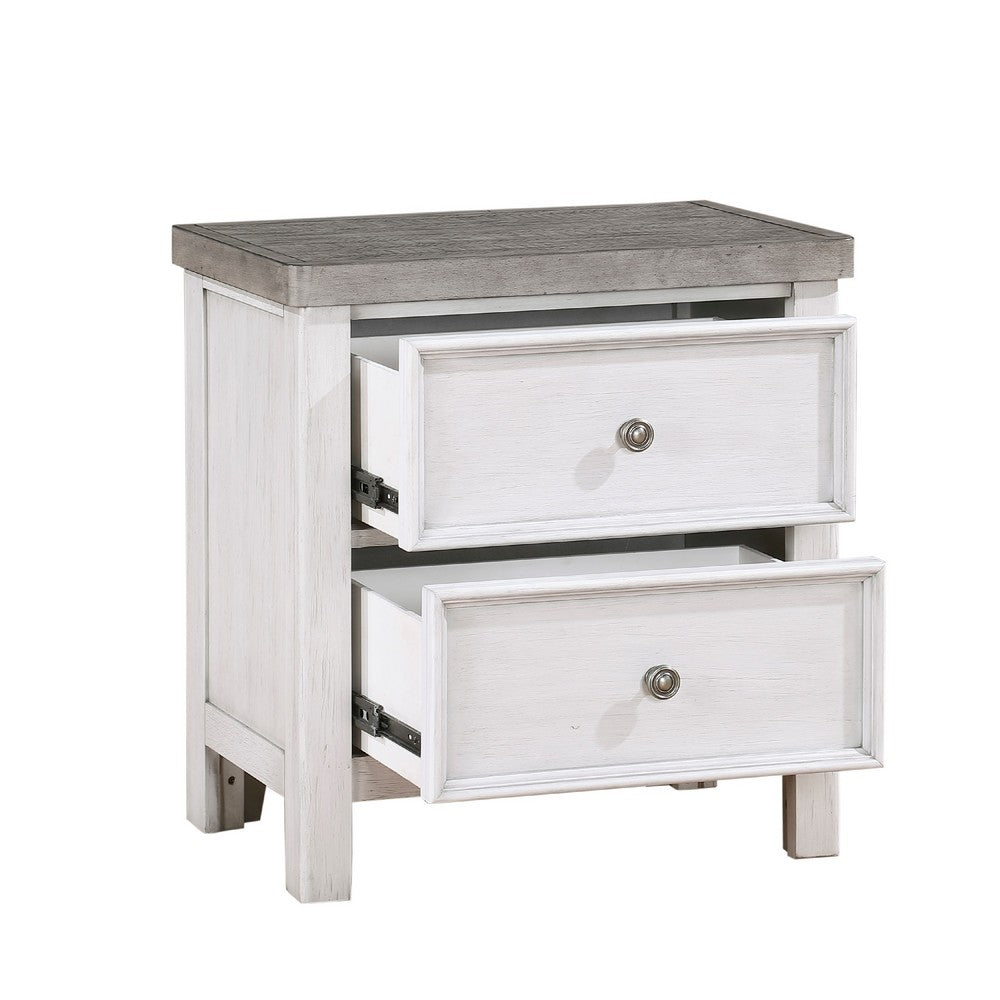 Amby Nightstand, 2 Drawers, Farmhouse Antique White, Gray Acacia Wood