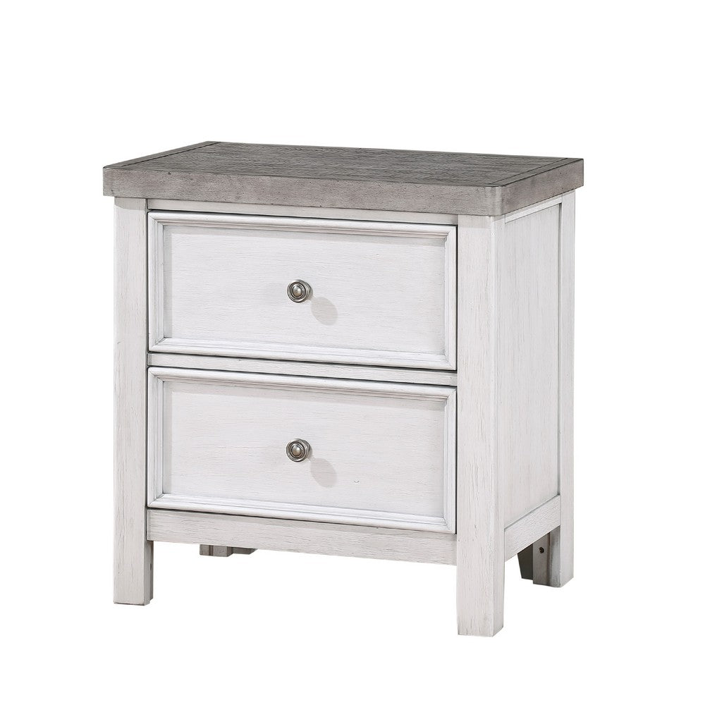 Amby Nightstand, 2 Drawers, Farmhouse Antique White, Gray Acacia Wood