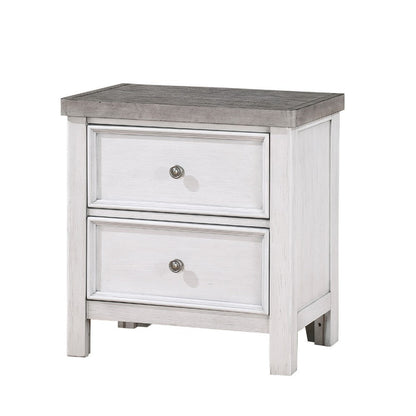 Amby Nightstand, 2 Drawers, Farmhouse Antique White, Gray Acacia Wood