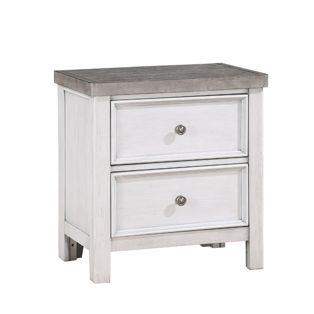Amby Nightstand, 2 Drawers, Farmhouse Antique White, Gray Acacia Wood