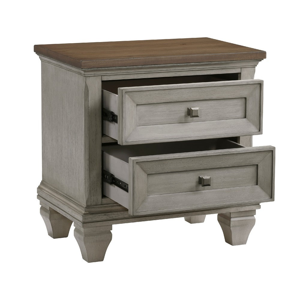 Giny Nightstand, 2 Drawers, Brown and Antique Gray Acacia Wood Top