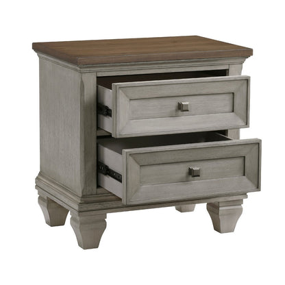 Giny Nightstand, 2 Drawers, Brown and Antique Gray Acacia Wood Top