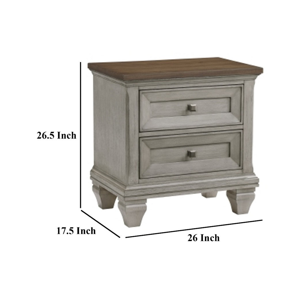 Giny Nightstand, 2 Drawers, Brown and Antique Gray Acacia Wood Top