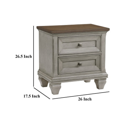 Giny Nightstand, 2 Drawers, Brown and Antique Gray Acacia Wood Top