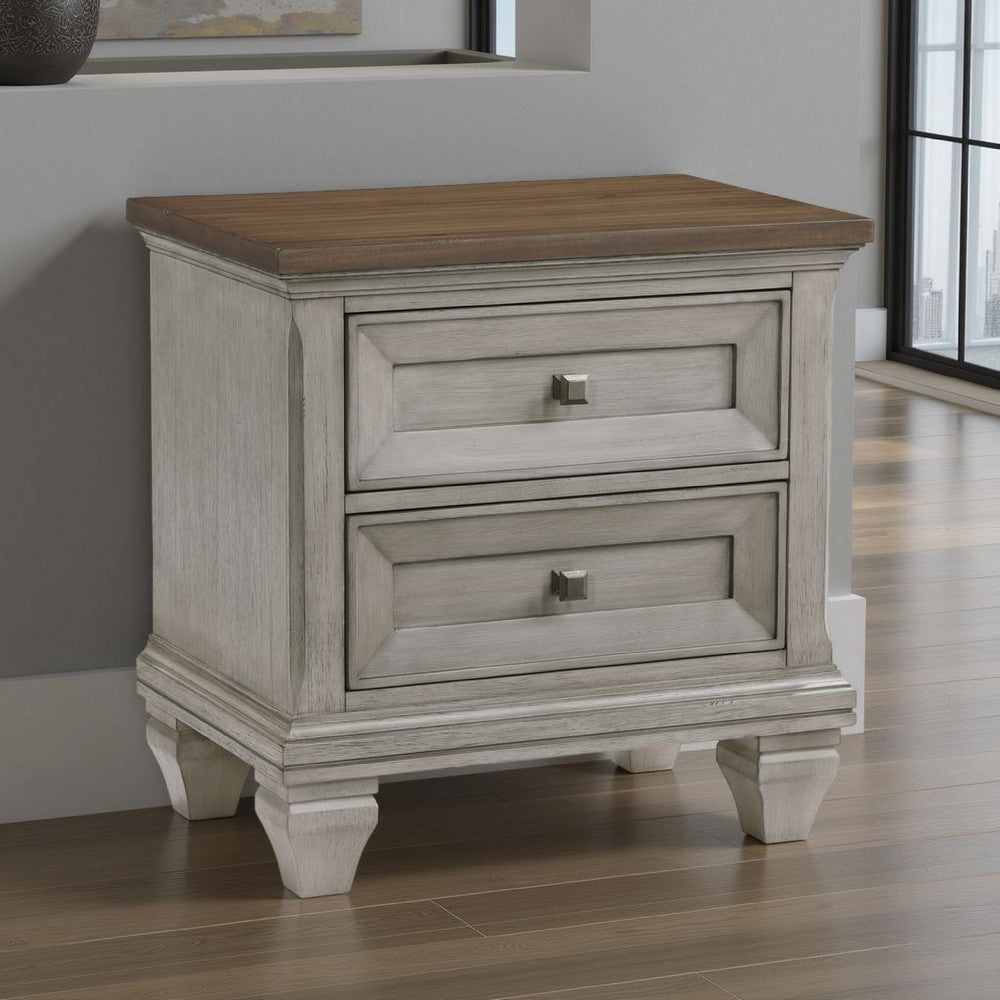 Giny Nightstand, 2 Drawers, Brown and Antique Gray Acacia Wood Top