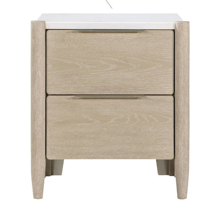 Maty Nightstand, 2 Drawers, White Marble Top, Light Oak Brown Ceruse