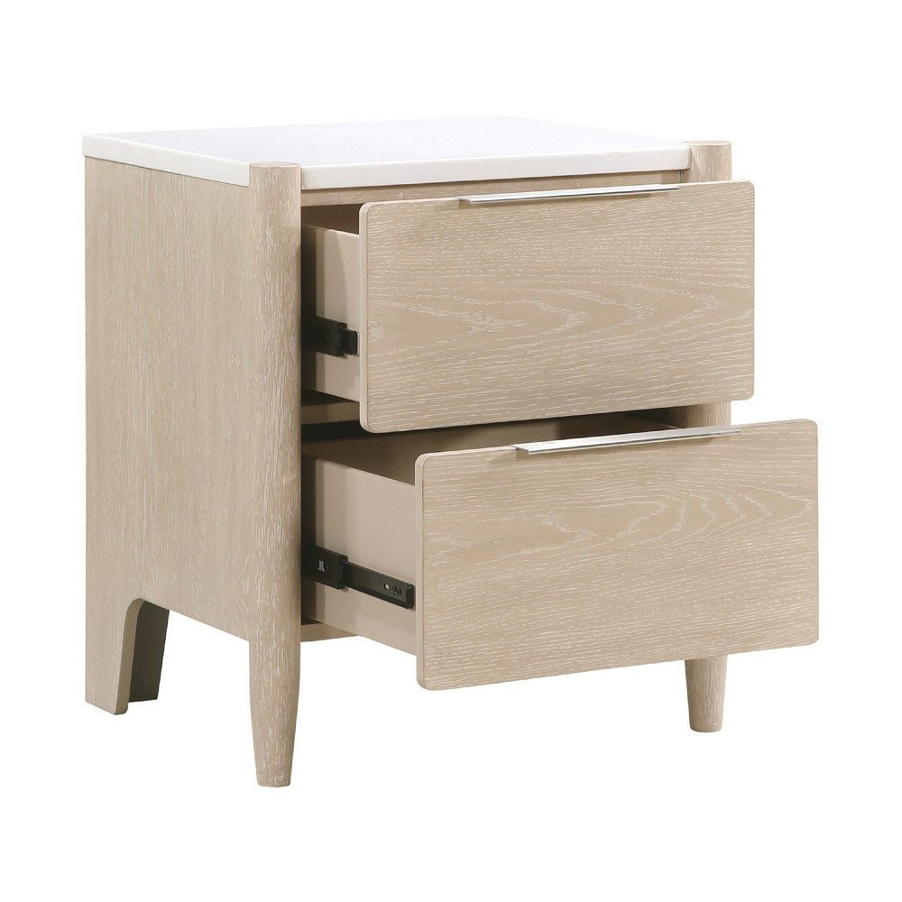 Maty Nightstand, 2 Drawers, White Marble Top, Light Oak Brown Ceruse