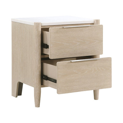 Maty Nightstand, 2 Drawers, White Marble Top, Light Oak Brown Ceruse