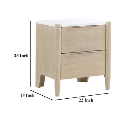 Maty Nightstand, 2 Drawers, White Marble Top, Light Oak Brown Ceruse