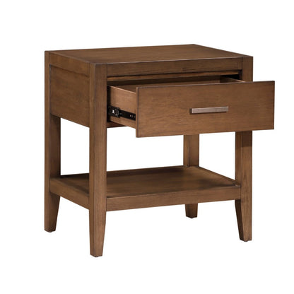 Evi Nightstand, 1 Drawer w Lower Open Shelf, Brushed Rich Brown Wood