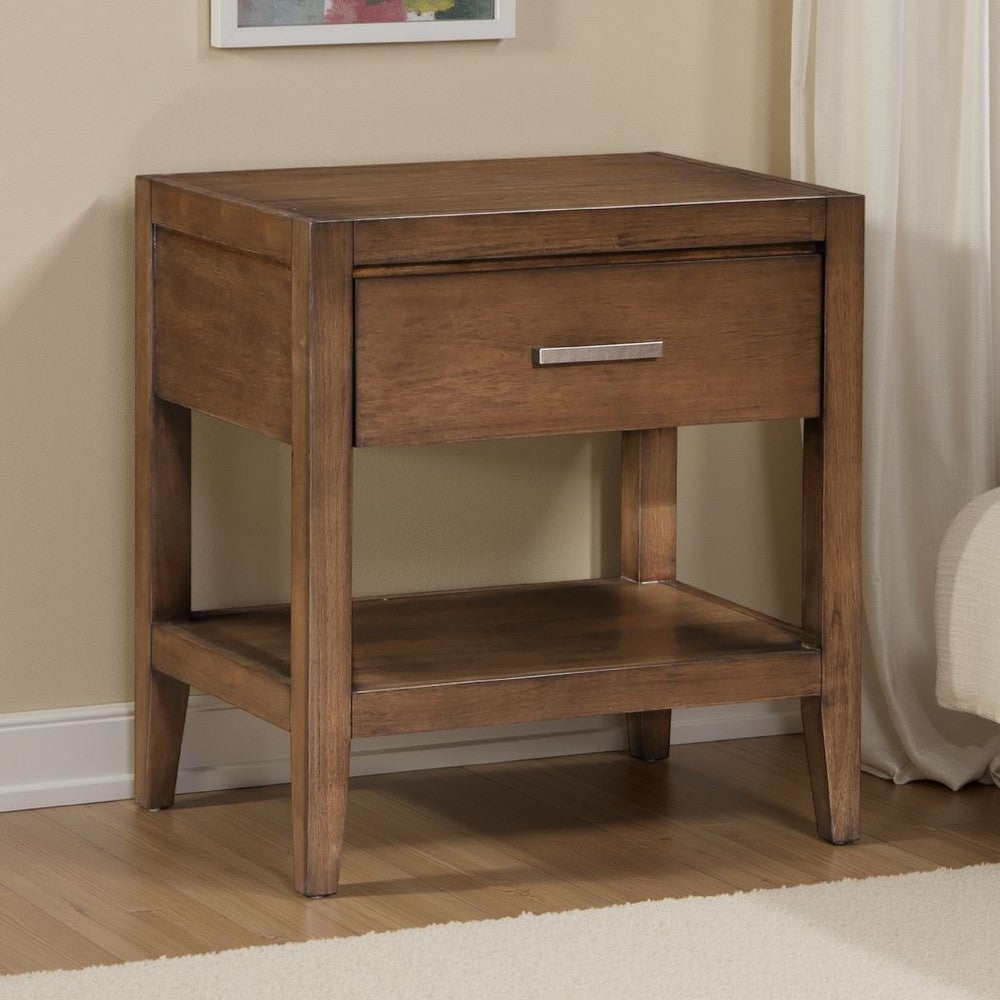 Evi Nightstand, 1 Drawer w Lower Open Shelf, Brushed Rich Brown Wood