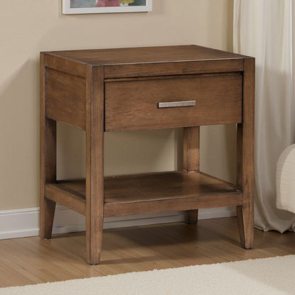 Evi Nightstand, 1 Drawer w Lower Open Shelf, Brushed Rich Brown Wood