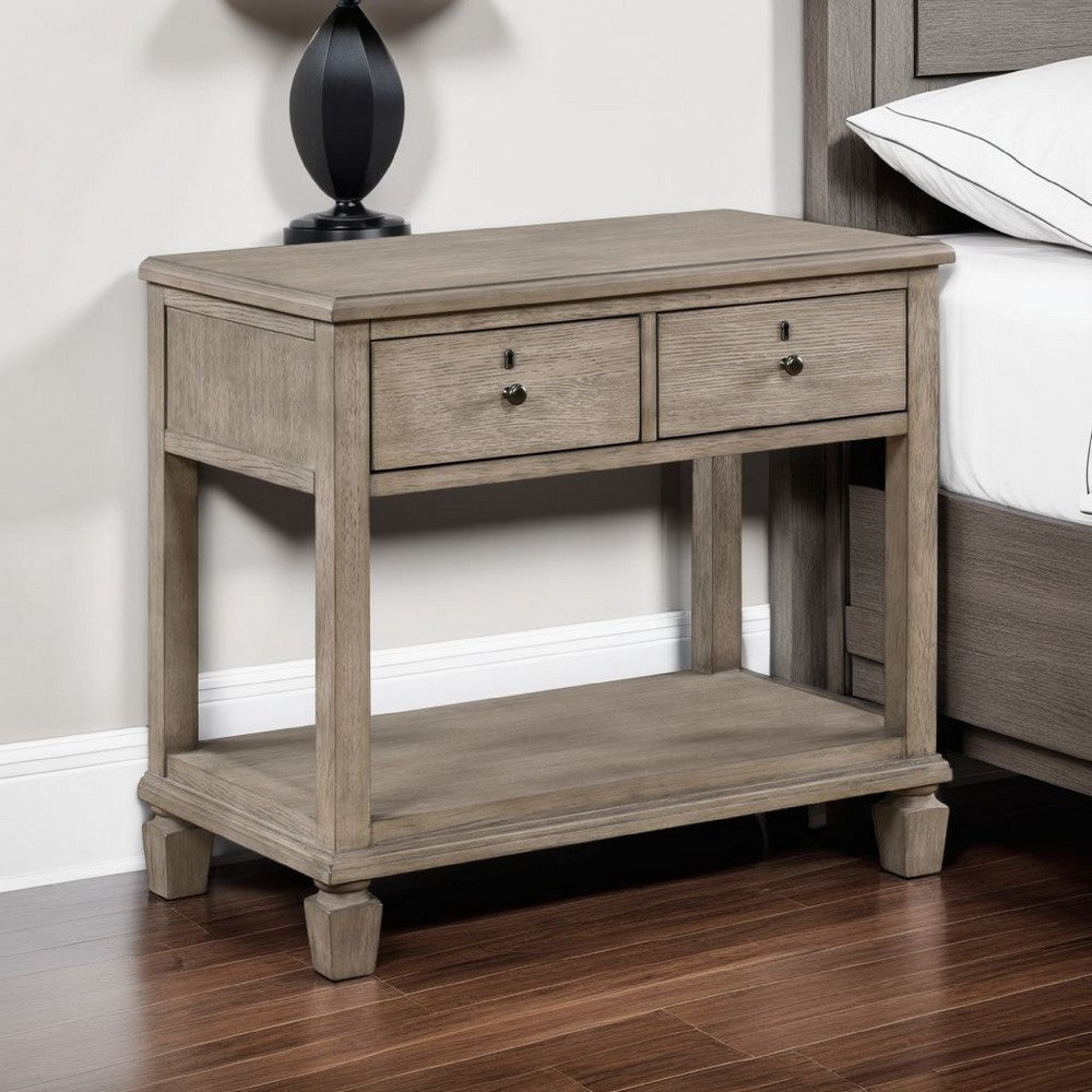 Cely Nightstand, 2 Drawers with Lower Open Shelf, Gray Oak Veneer