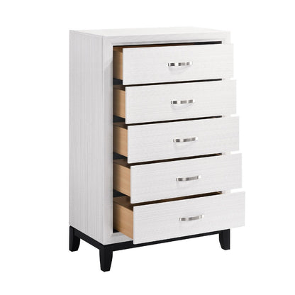Ameya Tall Dresser Chest, 5 Drawers w Chrome Handles, White and Black