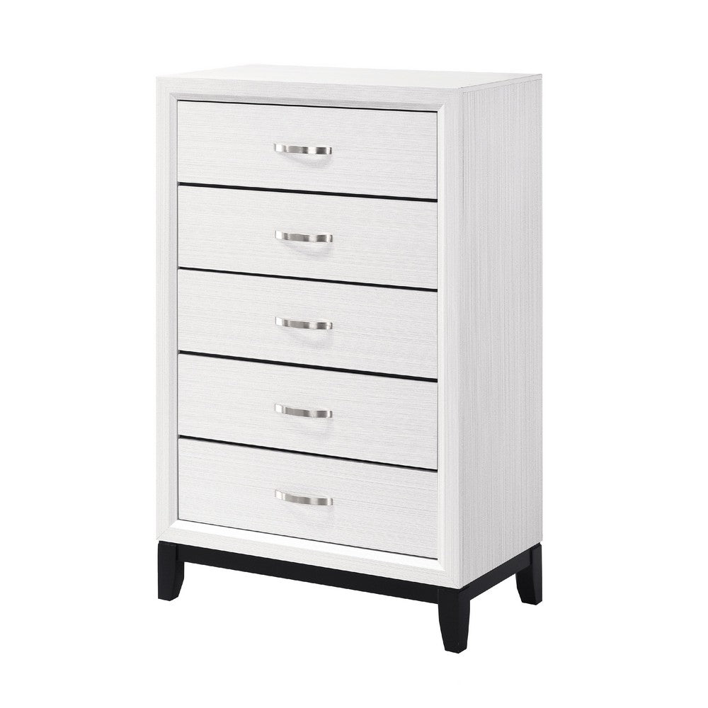 Ameya Tall Dresser Chest, 5 Drawers w Chrome Handles, White and Black