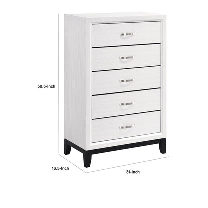 Ameya Tall Dresser Chest, 5 Drawers w Chrome Handles, White and Black