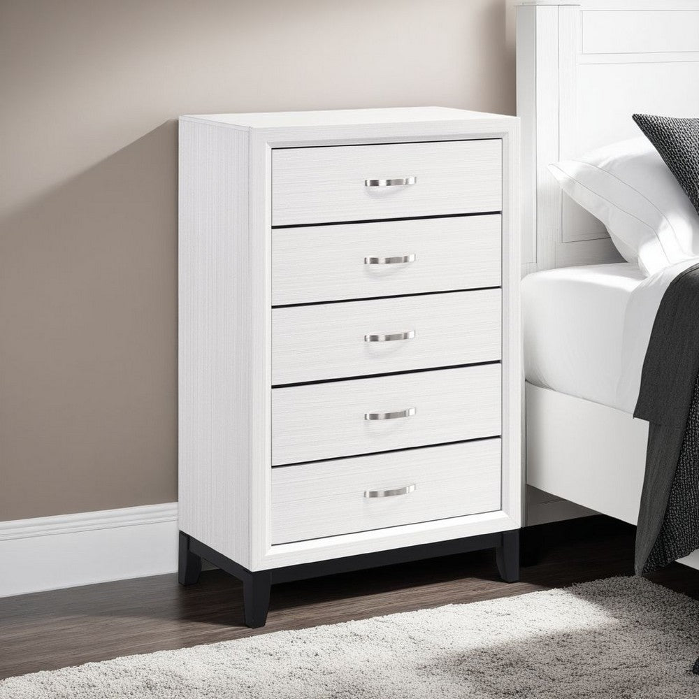 Ameya Tall Dresser Chest, 5 Drawers w Chrome Handles, White and Black