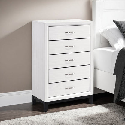Ameya Tall Dresser Chest, 5 Drawers w Chrome Handles, White and Black