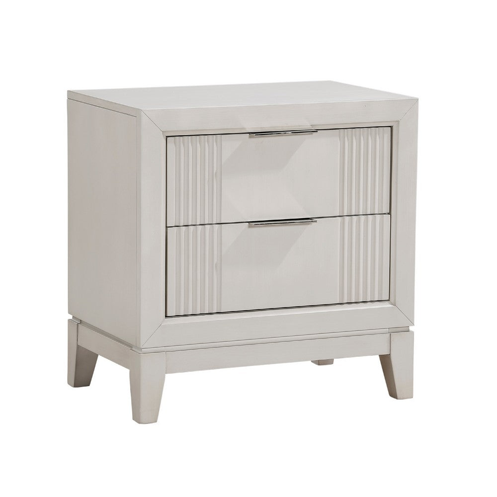 Flo Nightstand, 2 Drawers, Antique White Wood, Chrome Edge Handles