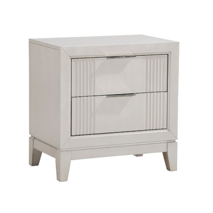Flo Nightstand, 2 Drawers, Antique White Wood, Chrome Edge Handles