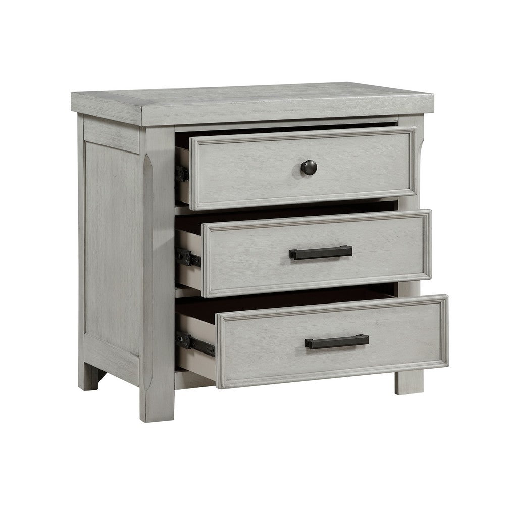 Brok Nightstand, 3 Drawers, Light Gray Acacia Wood, Black Bar Handles