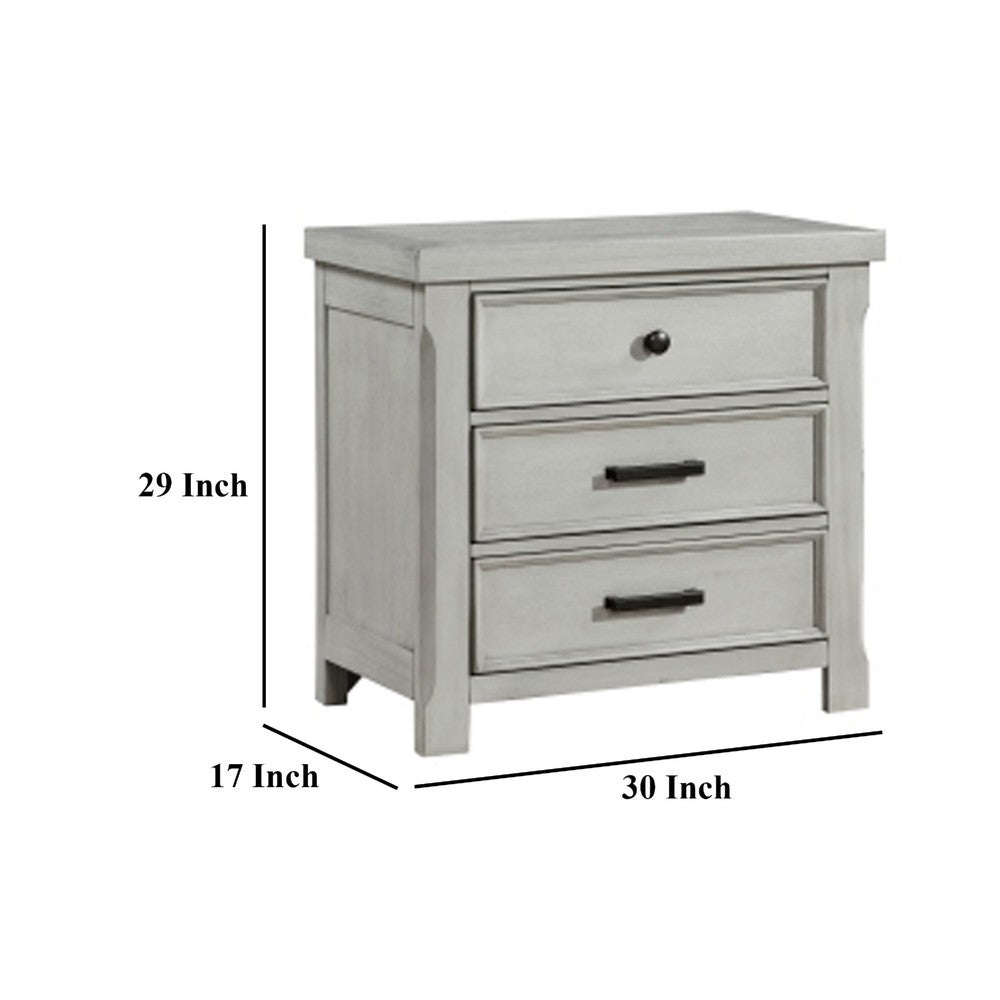Brok Nightstand, 3 Drawers, Light Gray Acacia Wood, Black Bar Handles