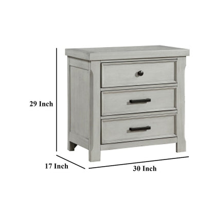 Brok Nightstand, 3 Drawers, Light Gray Acacia Wood, Black Bar Handles