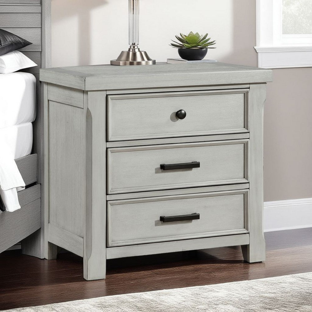 Brok Nightstand, 3 Drawers, Light Gray Acacia Wood, Black Bar Handles