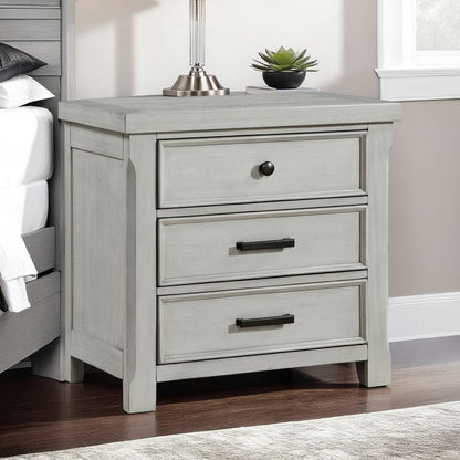 Brok Nightstand, 3 Drawers, Light Gray Acacia Wood, Black Bar Handles