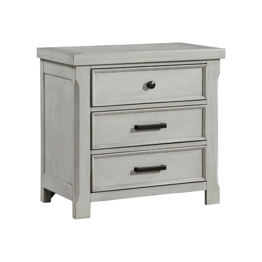 Brok Nightstand, 3 Drawers, Light Gray Acacia Wood, Black Bar Handles