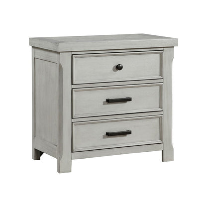 Brok Nightstand, 3 Drawers, Light Gray Acacia Wood, Black Bar Handles