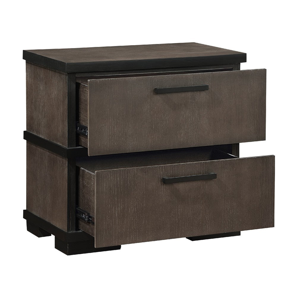 Acy Nightstand, 2 Drawers, Brownish Gray and Black Wood, Bar Handles
