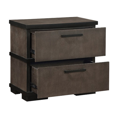 Acy Nightstand, 2 Drawers, Brownish Gray and Black Wood, Bar Handles