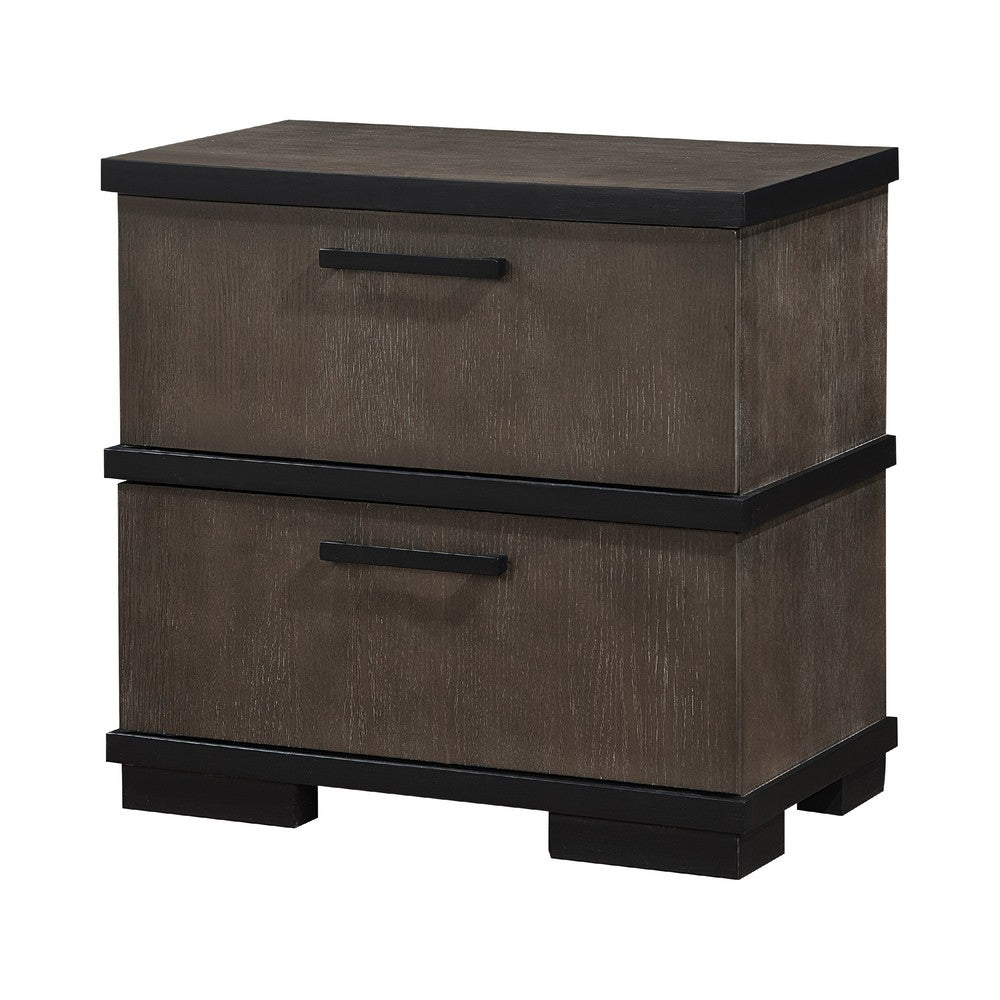 Acy Nightstand, 2 Drawers, Brownish Gray and Black Wood, Bar Handles