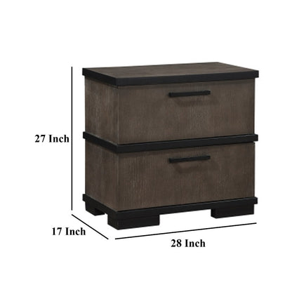 Acy Nightstand, 2 Drawers, Brownish Gray and Black Wood, Bar Handles