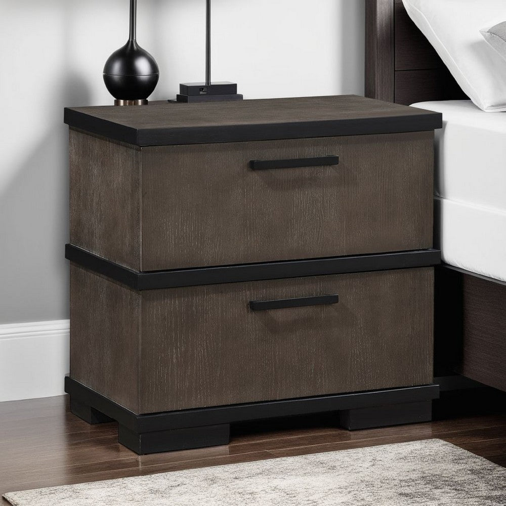Acy Nightstand, 2 Drawers, Brownish Gray and Black Wood, Bar Handles
