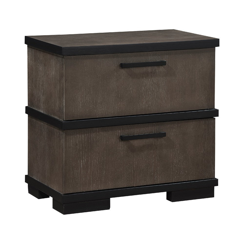 Acy Nightstand, 2 Drawers, Brownish Gray and Black Wood, Bar Handles