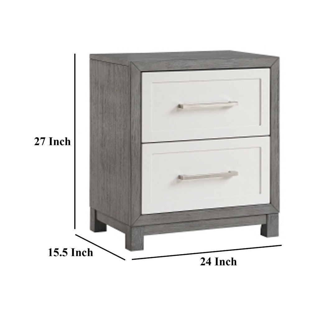 Rowy Nightstand, 2 Drawer Polished Bar Handles, Ivory and Gray Veneer