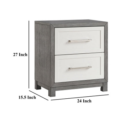 Rowy Nightstand, 2 Drawer Polished Bar Handles, Ivory and Gray Veneer