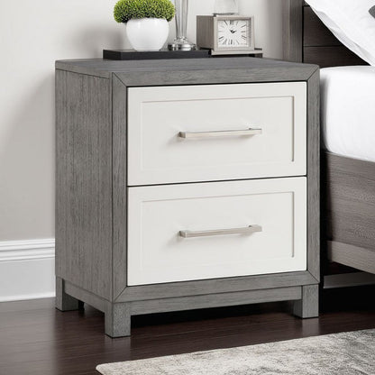 Rowy Nightstand, 2 Drawer Polished Bar Handles, Ivory and Gray Veneer