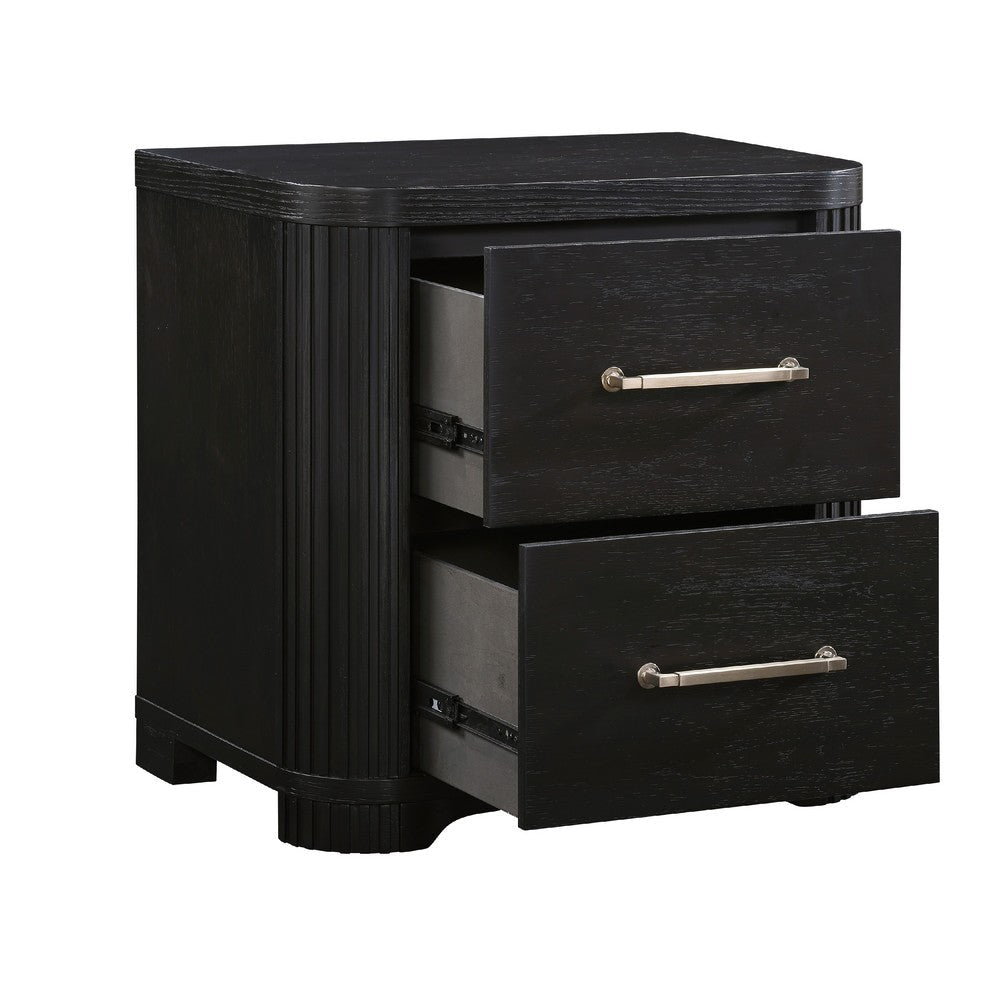 Chas Nightstand, 2 Drawers Brass Bar Handles, Charcoal Black Wood