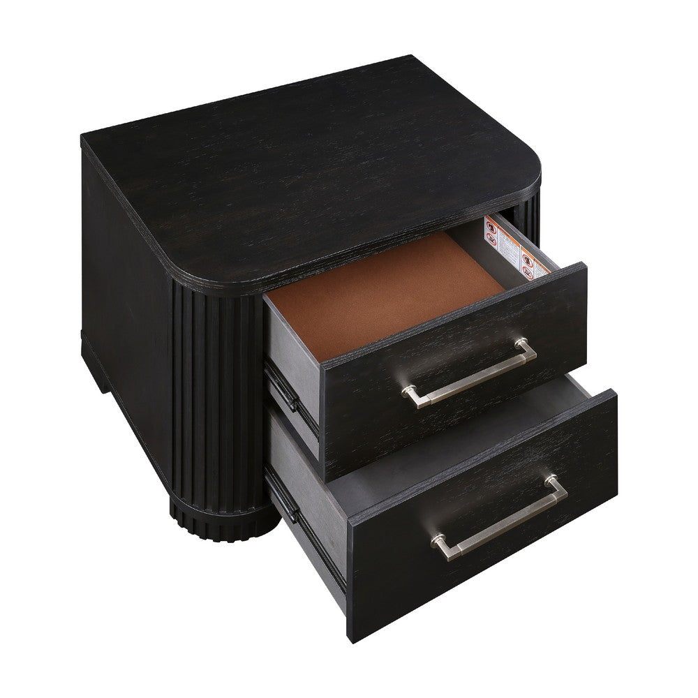 Chas Nightstand, 2 Drawers Brass Bar Handles, Charcoal Black Wood