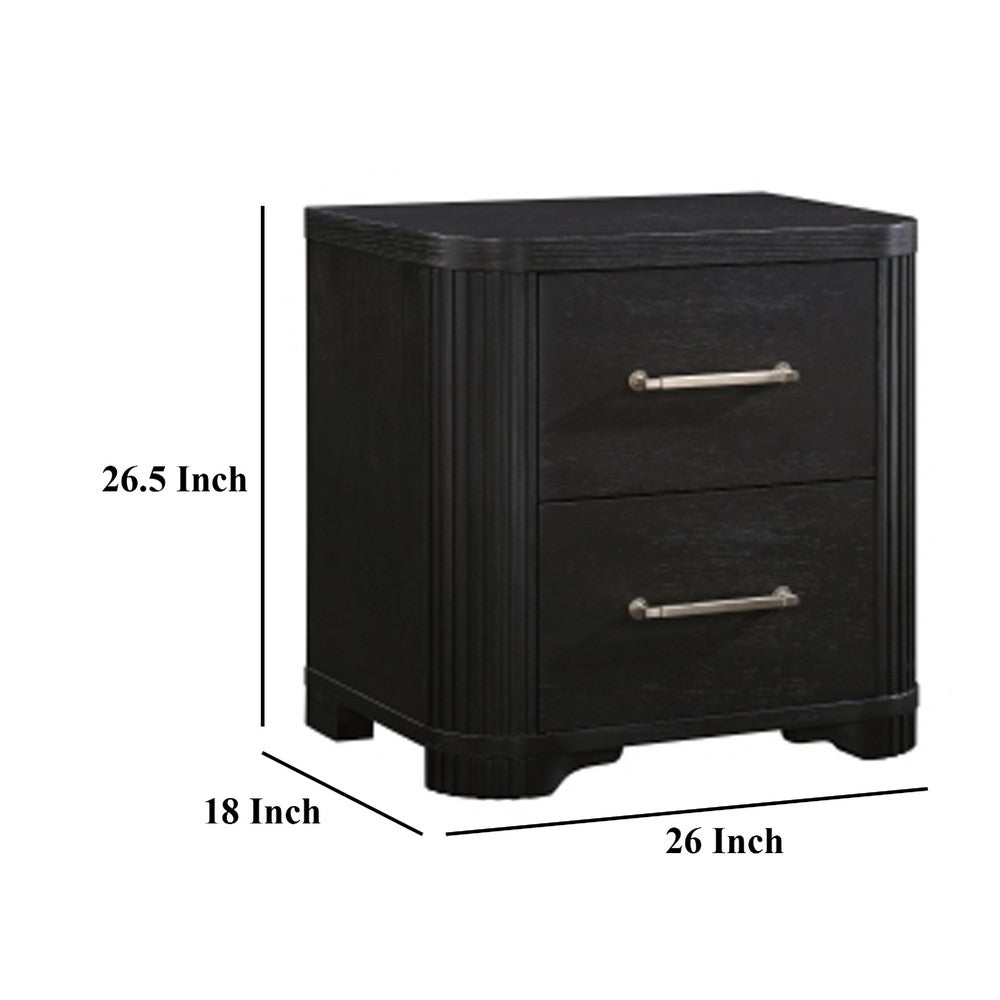 Chas Nightstand, 2 Drawers Brass Bar Handles, Charcoal Black Wood