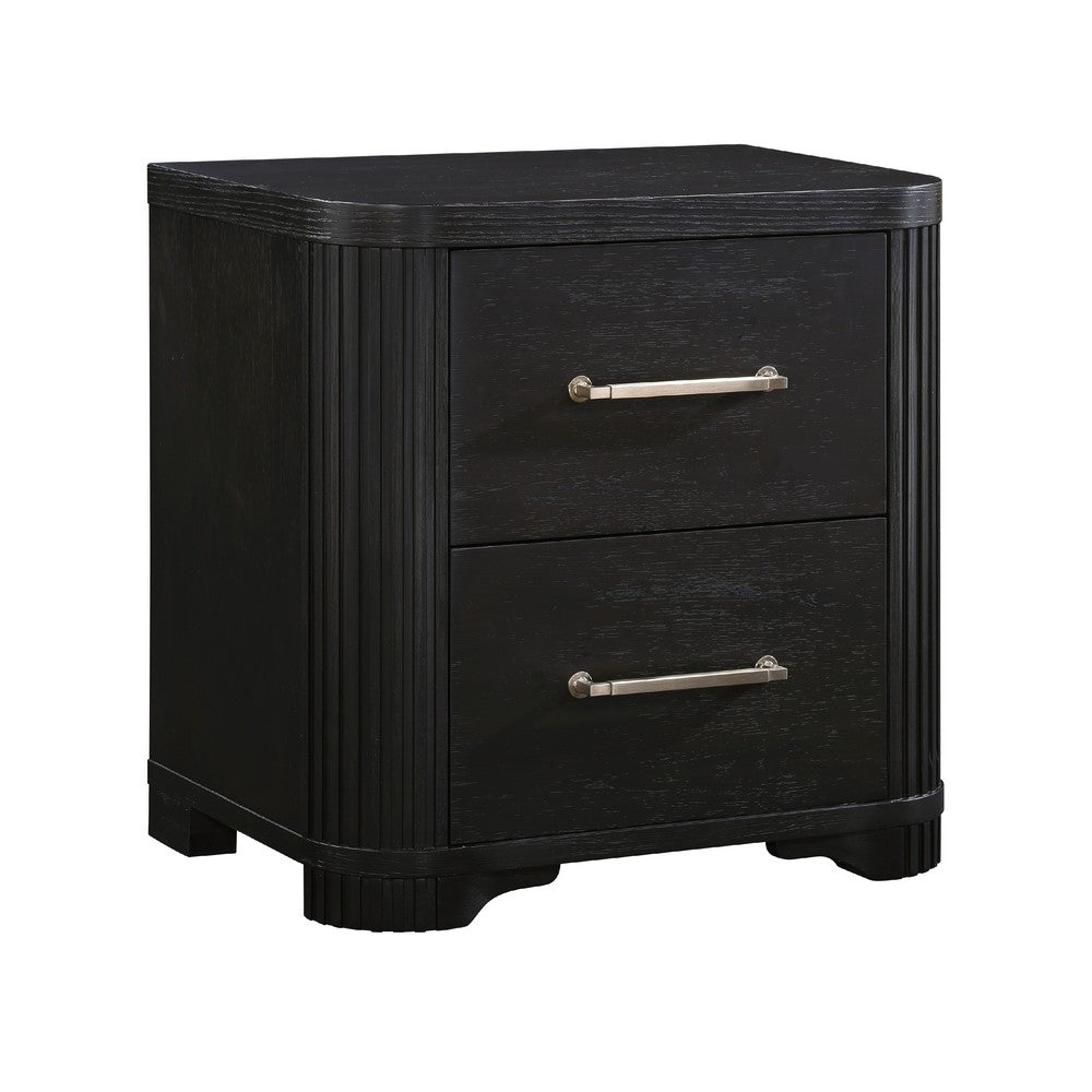 Chas Nightstand, 2 Drawers Brass Bar Handles, Charcoal Black Wood