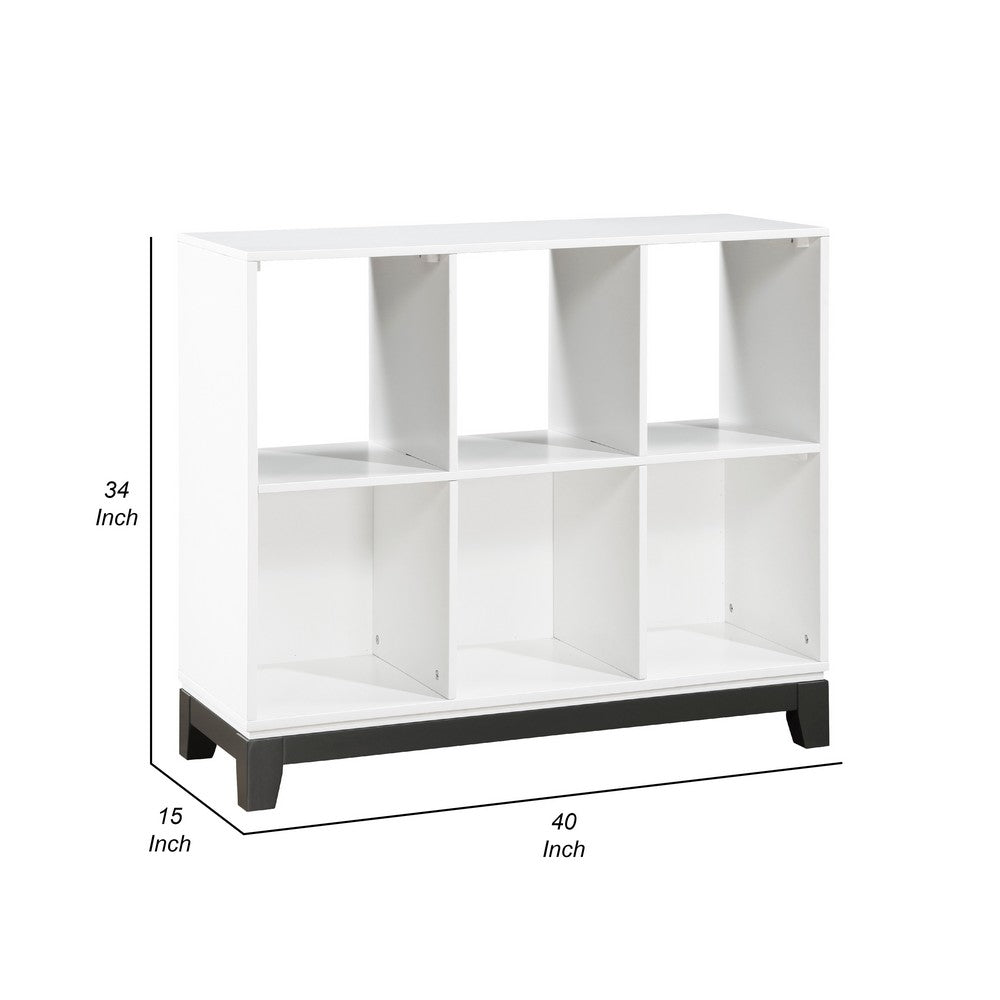 Thiem Bookcase, 6 Cubby Style Shelves, White, Black Veneer, 40 Inch