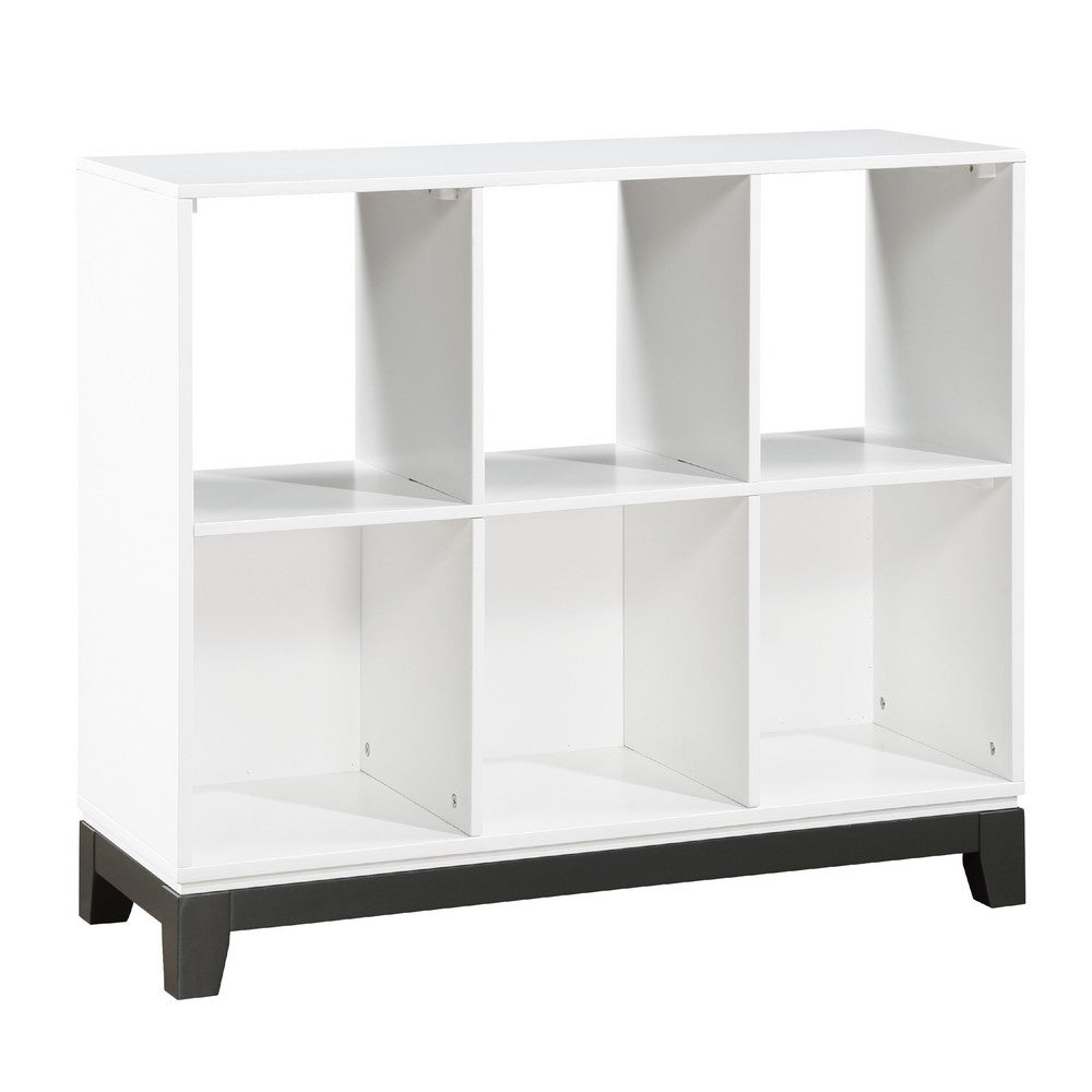 Thiem Bookcase, 6 Cubby Style Shelves, White, Black Veneer, 40 Inch